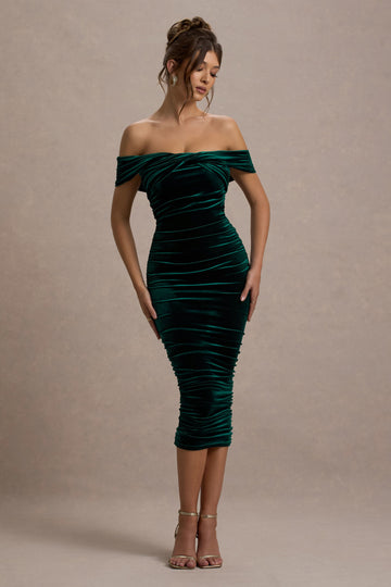 Gratitude Bottle Green Velvet Off The Shoulder Ruched Midi Dress